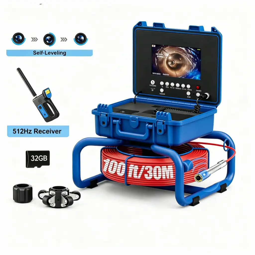 Sewer Camera with 512Hz Locator, 100 ft/30 m, Self-Leveling Drain Inspection Camera with 7" 1080P HD Screen, 5X Zoom, Snake Plumbing Camera with Lights-12 LED, 32GB SD Card for Duct Pipe