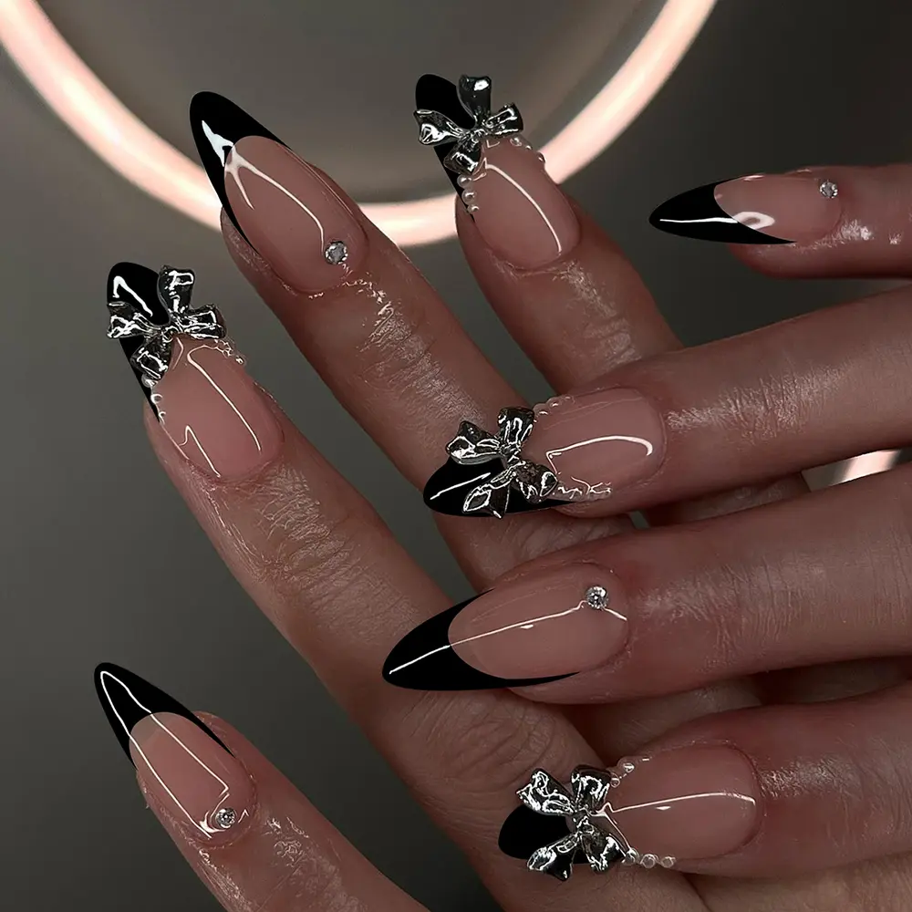 24pcs Almond Shape Bow Nail Set, Elegant Rhinestone Decorated Acrylic False Nails, Almond Fake Nails, Glossy Finish, Perfect for Women and Girls, Daily Use and Parties, Nail Designs