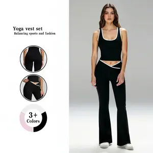 Two-Piece Set Women's Contrast Binding Backless Crop Tank Top & High Waist Flare Leg Pants Tracksuit Set Scoop Neck Elastic Nylon Loose Casual Sports Tracksuit Sleeveless