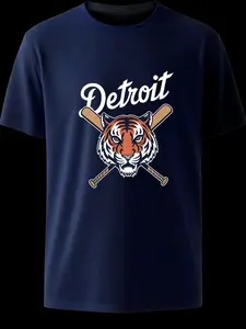 Detroit Tigers Baseball Theme Tiger Head Print T-Shirt, Crew Neck Short Sleeve, Unisex Sports Streetwear, Casual American Style