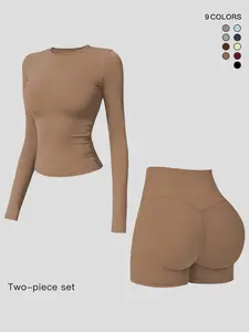 Women's Long Sleeve Yoga Set, Quick-Dry Fitness, Outdoor Cycling Running Sportswear, Tight-Fit Fleece-Like Fabric