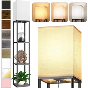 Floor Lamp with Shelves, 3 CCT LED Bulb Corner Standing Lamp Etagere Organizer Nightstand with White Linen Shade for Living Room Bedroom Office