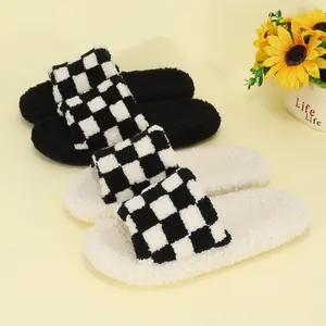 Slippers Checkered Scuff for Women and Men Indoor Bedroom Fluffy Warm Fleece Slippers Winter for Halloween Christmas