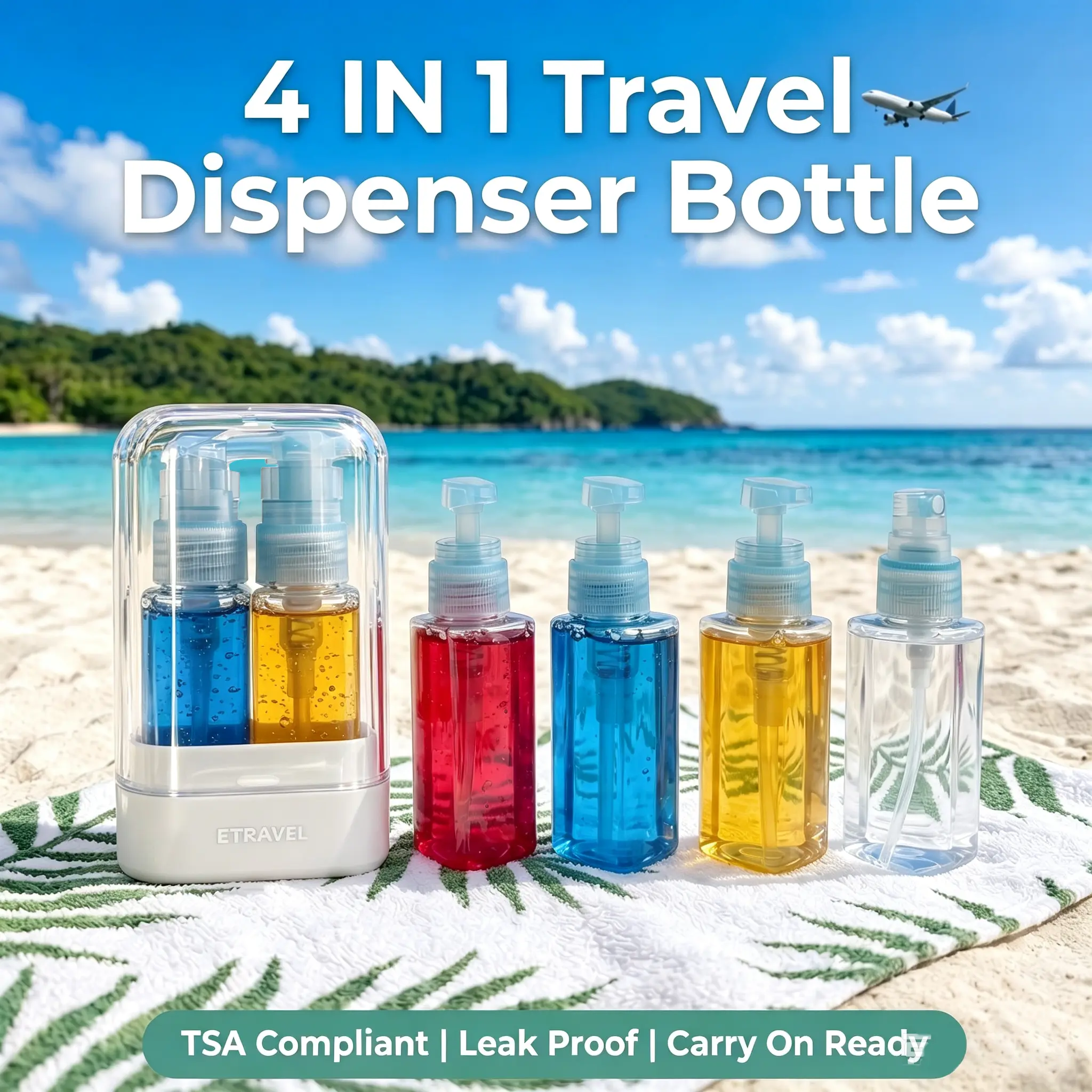 4-in-1 Refillable Travel Toiletry Dispenser Bottle Set - Leak-Proof, Crush-Resistant 35ml Plastic Storage Bottles & Jars, Easy Press, Smooth Flow, Cap Doubles as Rinse Cup for Trips, Cosmetics, Shampoo, Lotion
