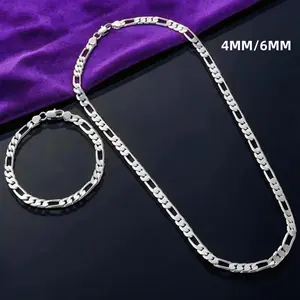 Fashion 925 Sterling Silvery plated 4mm/6mm Triple Figaro Cuban Link Chain Necklace bracelet set- Hypoallergenic, Tarnish-Resistant, Ideal For Parties & Gifts, Versatile Accessory|Stylish Cuban Link|Durable Chain Design