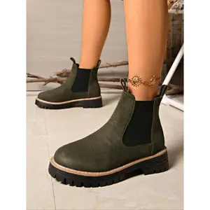 Women's Thick Sole Suede Short Boots, Pull On Boots, Elastic Slip-On Chelsea Style Classic Design, Comfortable Winter Footwear for Ladies