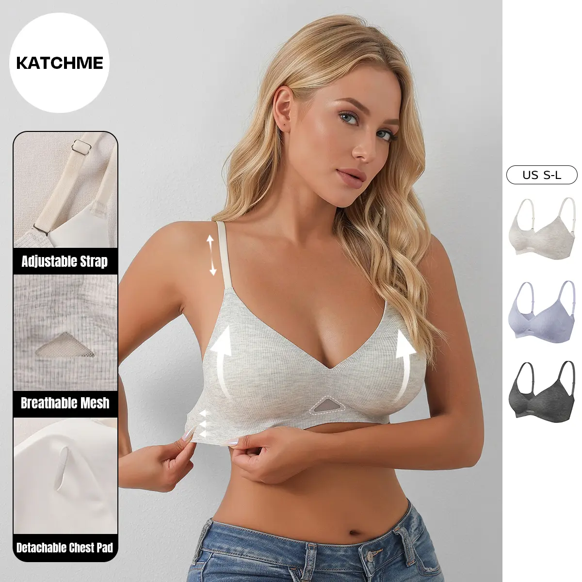 Katch Me Chic Women's Soft Seamless Adjustable Strap Wirefree Push-Up Bra, Versatile Detachable Chest Pad Breathable Bralette, High Stretch Pinstripe Bra