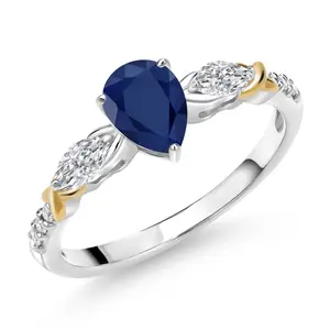 Gem Stone King Gemstone Birthstone and White Lab Grown Diamond Two-Tone Engagement Ring for Women | 925 Silver 10K Yellow Gold | Pear 7X5MM, Marquise 5X2.5MM, Round 1.2MM | 3-Stone Wedding Anniversary Promise Ring