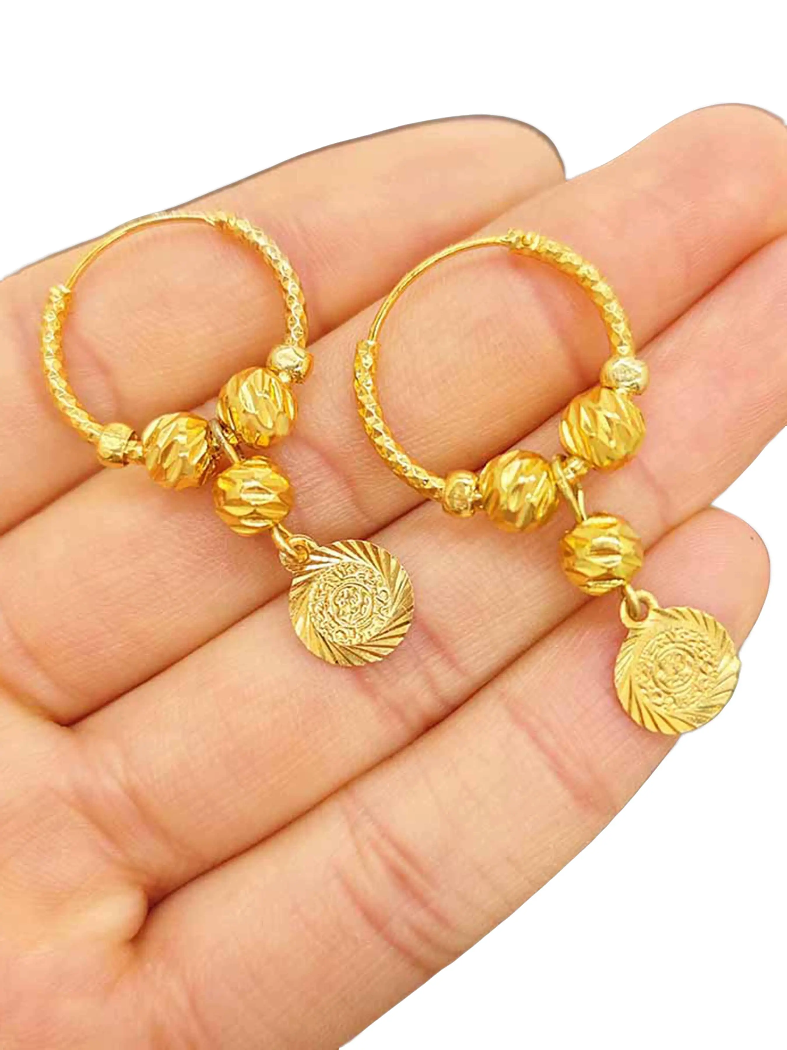 18K Gold Plated Vintage Hoop Earrings for Women, Vintage Statement Earrings, Embossed Medallion Dangle Hoops with Textured Beads, Bridal Wedding Jewelry for Bride & Bridesmaids