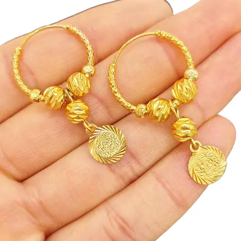 18K Gold Plated Vintage Hoop Earrings for Women, Vintage Statement Earrings, Embossed Medallion Dangle Hoops with Textured Beads, Bridal Wedding Jewelry for Bride & Bridesmaids