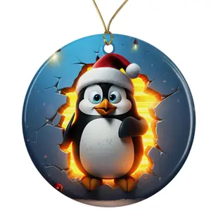 Cute Penguin Cartoon Ceramic Ornament - Breakthrough 3D Effect Burst Illusion Kids Ornament - 3 Inch Christmas Tree Round Ornament - Xmas Holiday Decor - String Included - ORNW0065