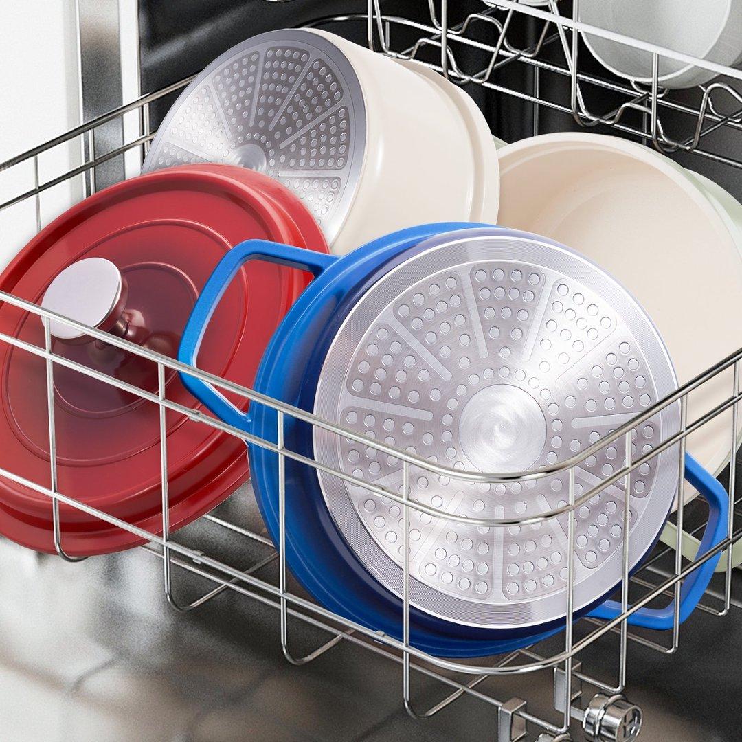 Enameled Cast Iron Dutch Oven Pot with Lid 2.5 QT Covered Casserole Dish for Braising Baking Roasting Soup Cookware Even Heat Distribution Multi Purpose Cooking Red Finish braiser pan