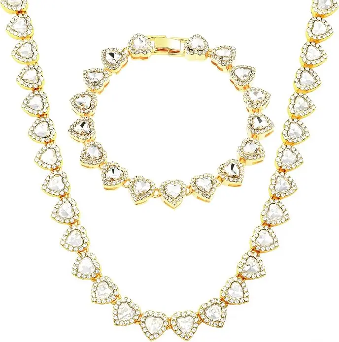 Women's 2-Piece Heart Tennis Jewelry Set - Iced Out CZ Rhinestone Pendant Necklace, Silver Statement Chain Bracelet, Daily Female Gift