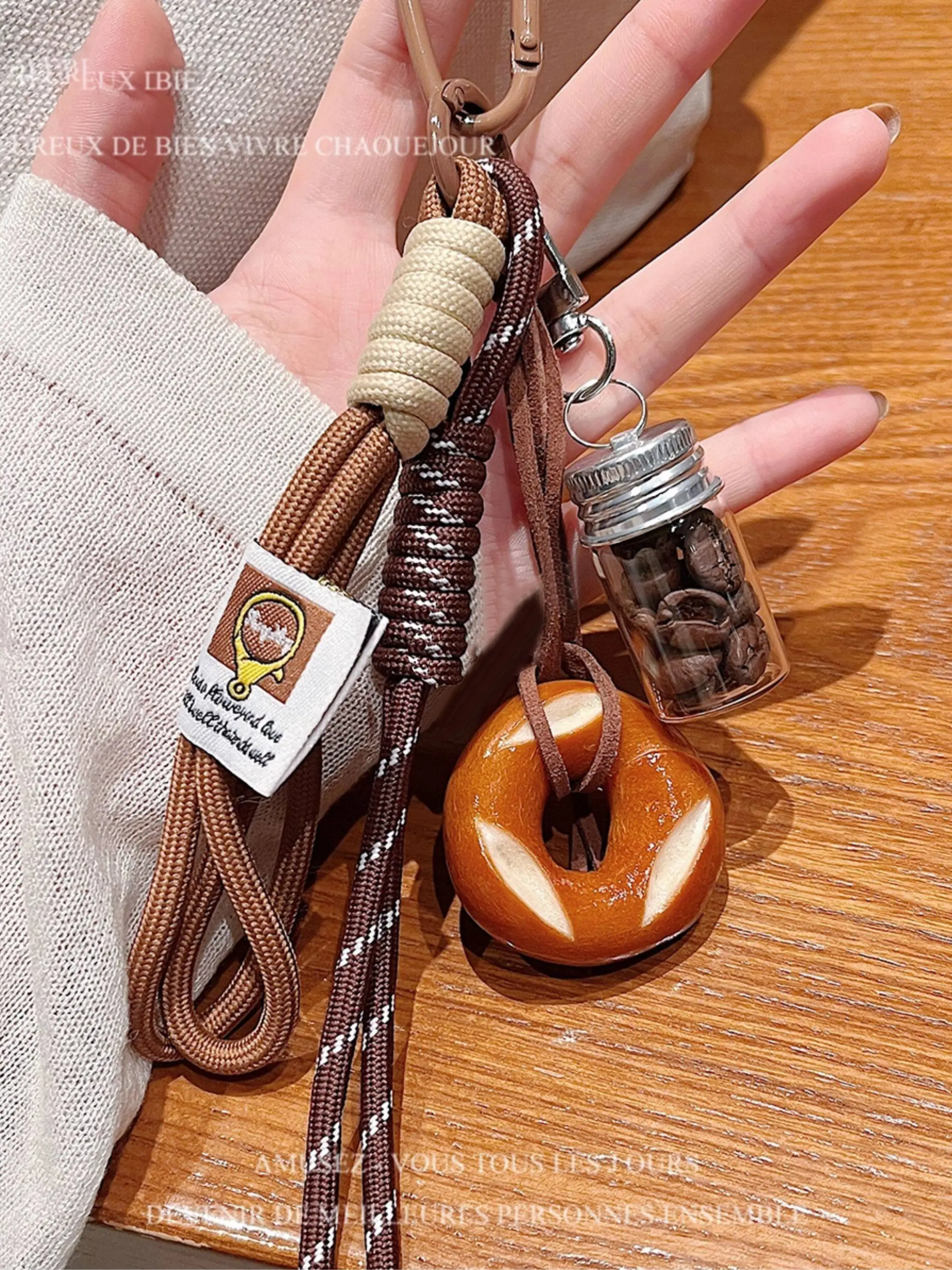 Bagel & Pretzel & Coffee Beans Bag Charm Keyring Keychain with Coffee Enthusiast Bread Bag Food Themed Pendant Foodie Gift Accessory, Keychain Accessories, Key Charms, Bakery Inspired Bag Backpack Decoration Lanyard