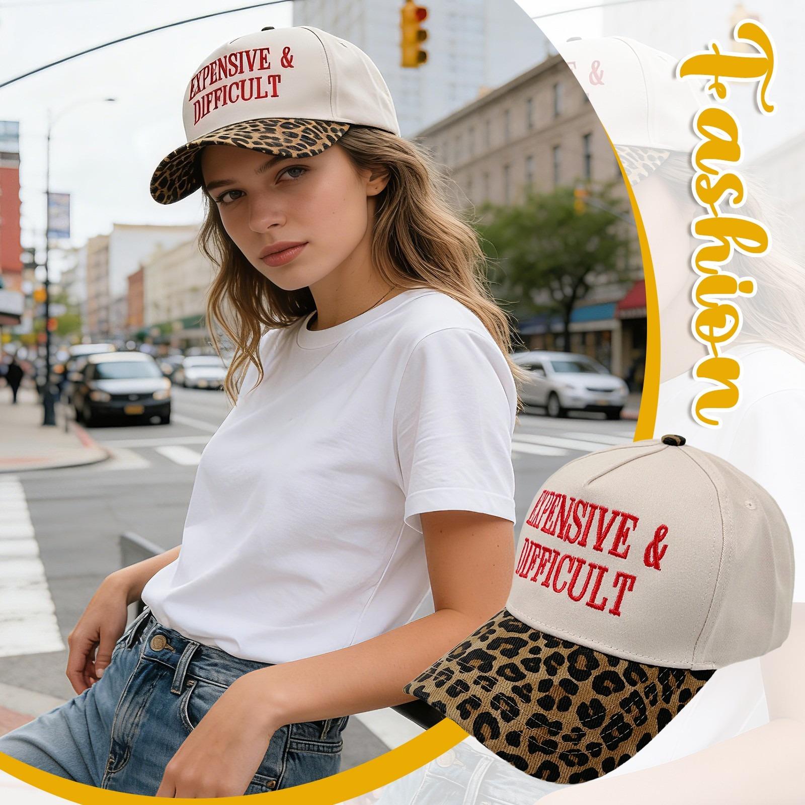 EXPENSIVE DIFFICULT Baseball Cap with Leopard Print Baseball Cap with Embroidered Statement | Vintage Aesthetic Trucker Hat for Women | Trendy Mom Hat | Perfect Mother’s Day Gift