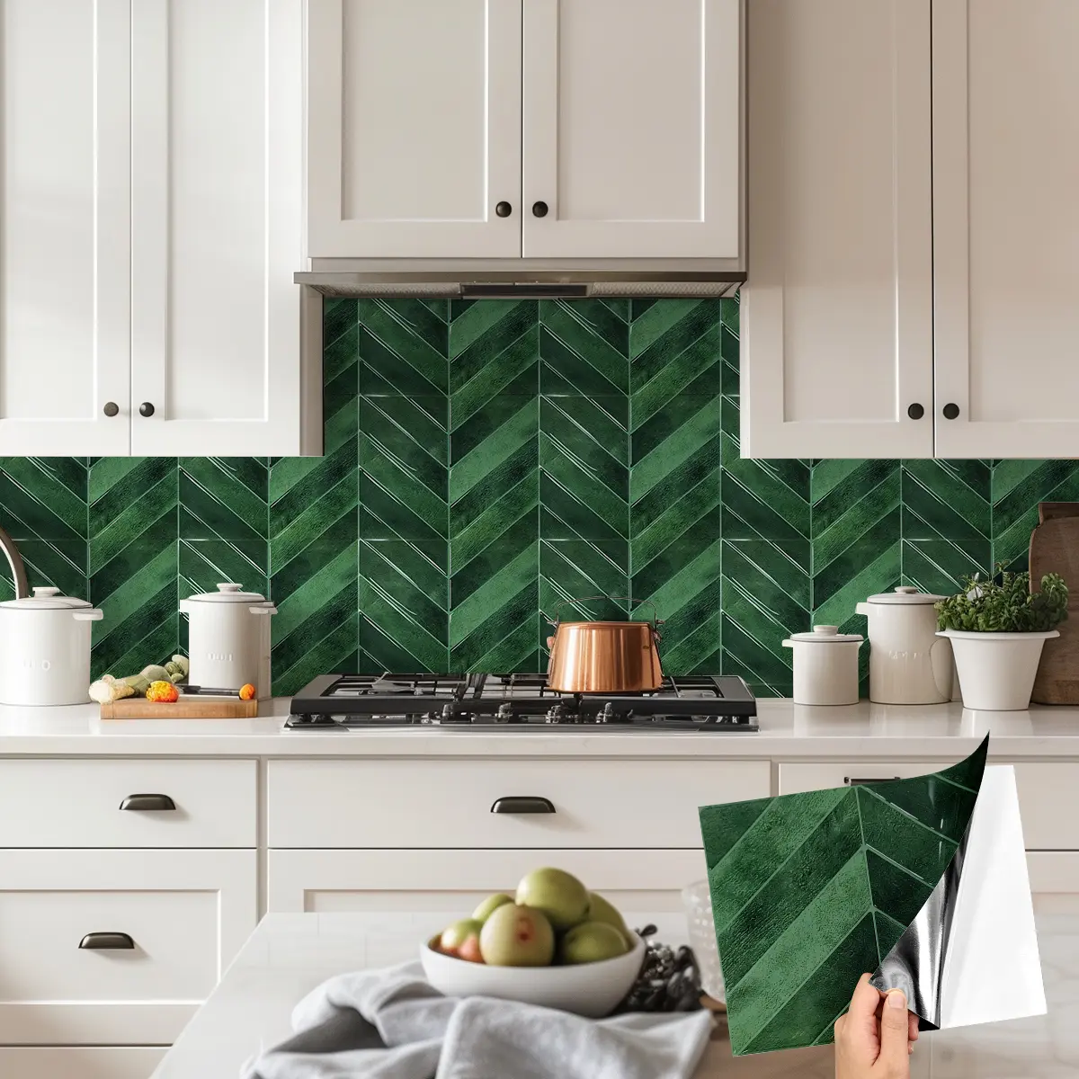 20pcs 3D Herringbone Self-Adhesive Wall Decor，Room Decor | Waterproof & Oil-Proof Peel and Stick Backsplash for Kitchen & Bathroom, Home Decoration | 11.4" x 9", Easy to Clean-Grass Green