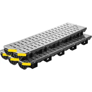Trench Drain System and Channel Drain With Metal Grate, 5.7x3.1-Inch HDPE Drainage Trench, Black Plastic Garage Floor Drain, 5x39 Trench Drain Grate Set, Includes 5 End Caps, For Garden And Driveway, 5 Pack
