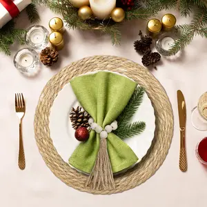 Woven Placemats Set of 7 – 13.8” Natural Water Hyacinth Round Rattan Mats, Includes Wooden Beads Napkin Rings – Rustic Farmhouse & Boho Kitchen Dining Table Decor