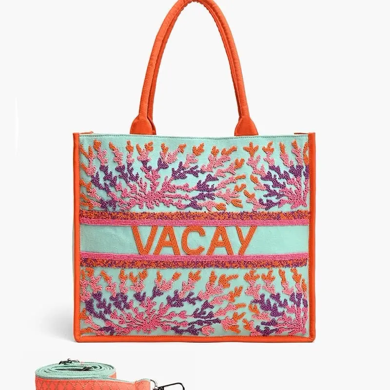 Caribbean Vacay XL Tote Bag - Large Hand-Embellished Beadwork Tote with "VACAY" Word Beaded Design & Double Shoulder Straps for Comfort