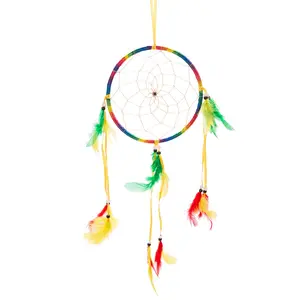 17" Traditional Rainbow Dream Catcher with Feathers Wall or Car Hanging Ornament Single Circle