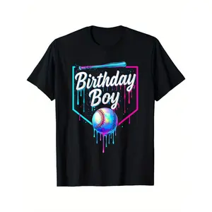 Casual Birthday Boy Baseball Pattern T-Shirt | Black with Dripping Ice Cream Design, Vivid "Birthday Boy" Text, Suitable for Teens, All-Season Wear
