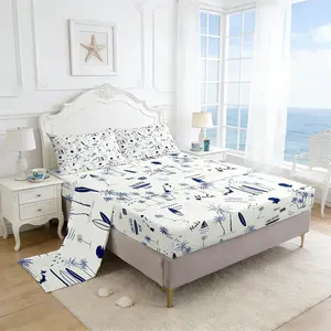 Coastal Beach Sheet Setsurfboard Sailboat Palm Tree Bedding Set for Kids Girls Boys Teens Room Decor Summer Ocean Life Bed Sheet Navy Blue White Fitted + Flat Sheet
