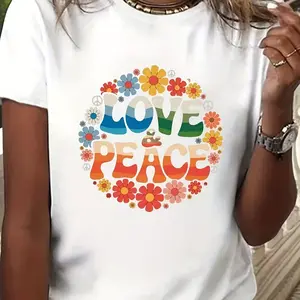 Women's 60s 70s Hippie T-Shirt - White Short Sleeve Crew Neck Top with Multicolor Peace Symbols & Flower Power Print, Retro 60s 70s Outfit, Machine-Washable Fabric for Summer & Vintage Events