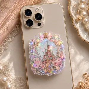 Fairytale Castle Phone Grip with Pink Bow & Floral Frame, Coquette Princess Style Phone Holder for iPhone & Android