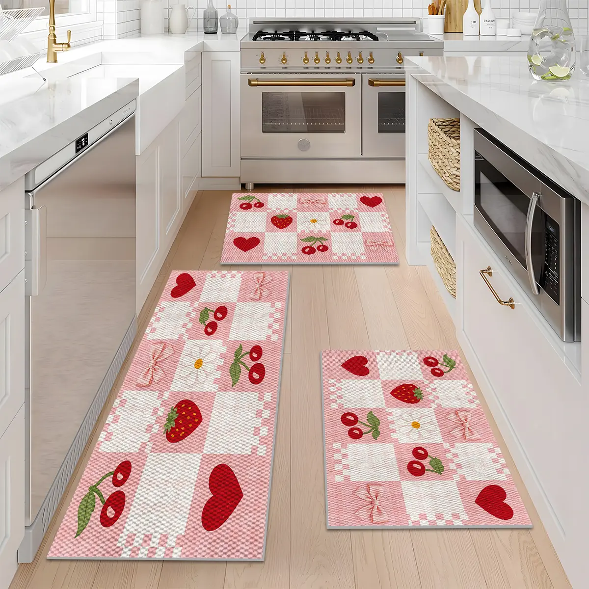 1/2/3PCS Pink Kitchen Rug ,Strawberry Cherry Plaid Pattern Home Decor,Pineapple Texture Design Washable Non-Slip Floor Mat,Foldable Durable Kitchen Runner Rugs 16"x24"+20"×32"+20"×47"