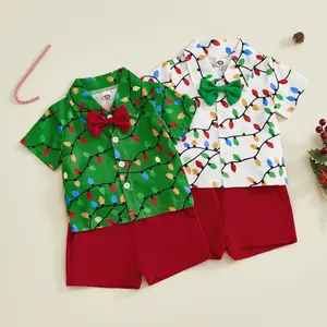 Toddler Baby Boy Christmas Outfits Lights String Print Short Sleeve Bowtie Shirt Solid Shorts 2 Piece Gentleman Clothes Set