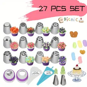27pcs set Cake Decorating Supplies, Stainless steel piping nozzle, DIY Baking Supplies Set for Cupcake Cookies Birthday Party-12 Russian Nozzle 2 Leaf Piping Tips 2 Coverter 1 Pastry