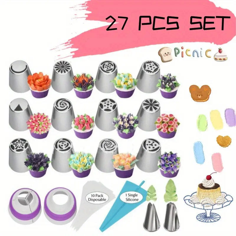 27pcs set Cake Decorating Supplies, Stainless steel piping nozzle, DIY Baking Supplies Set for Cupcake Cookies Birthday Party-12 Russian Nozzle 2 Leaf Piping Tips 2 Coverter 1 Pastry