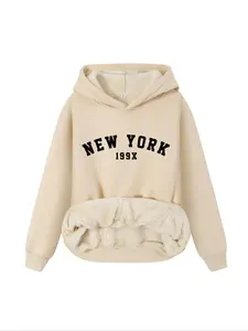 Women's Letter Print Plush Lined Hoodie, Graphic Hoodie, Casual Warm Long Sleeve Hooded Sweatshirt, Ladies Fall & Winter Clothes for Daily Wear Top