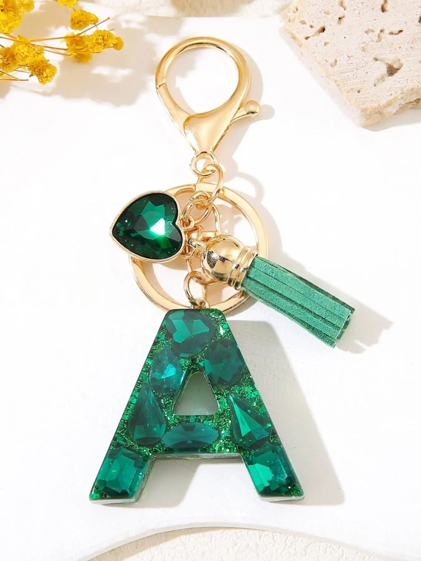 1pc/ Initial keychain accessories, Green crystal glue letters key ring chain, Heart tassel key chain, car backpack earphone case hanging piece, gift choice, Bling bling keychains, Cute keychain, Keychain for bags