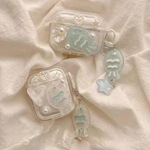 Cute Mermaid Design Earphone Case with Keychain, Clear Earphone Protective Cover, Durable Fashion Earphone Accessories Compatible with AirPods, Headset, Protection