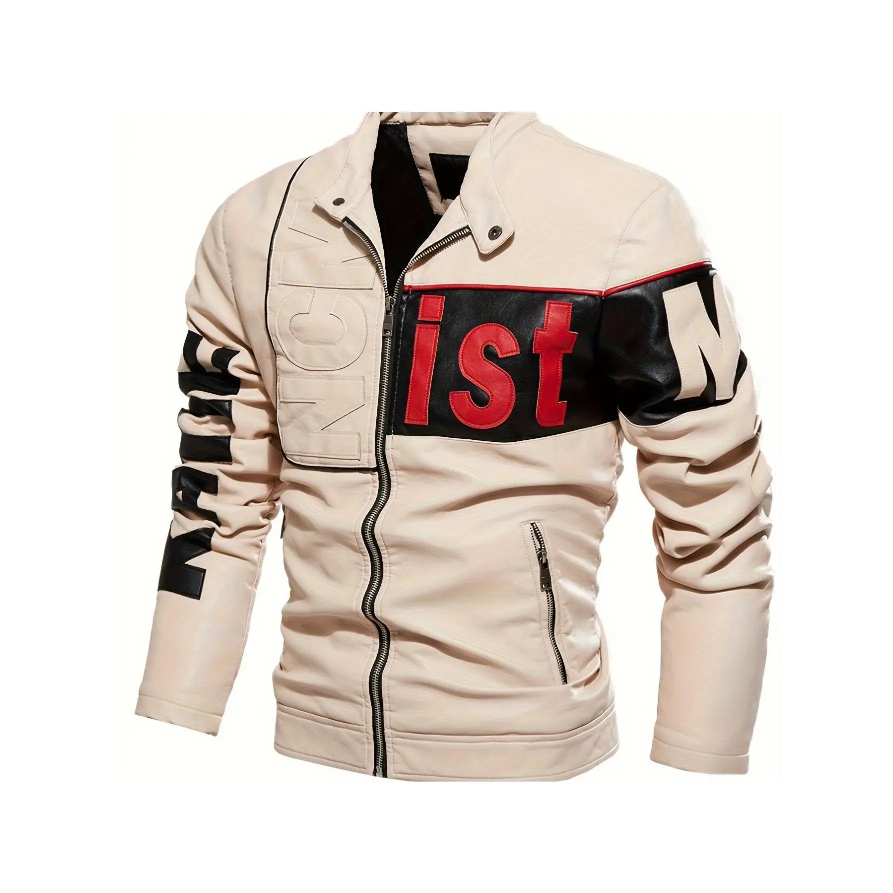 Men's Letters Pattern Color Blocking Long Sleeve Stand Collar PU Leather Jacket Varsity Zipper Coat Outdoor Sporty Clothes Motorcycle Streetwear Casual All Seasons