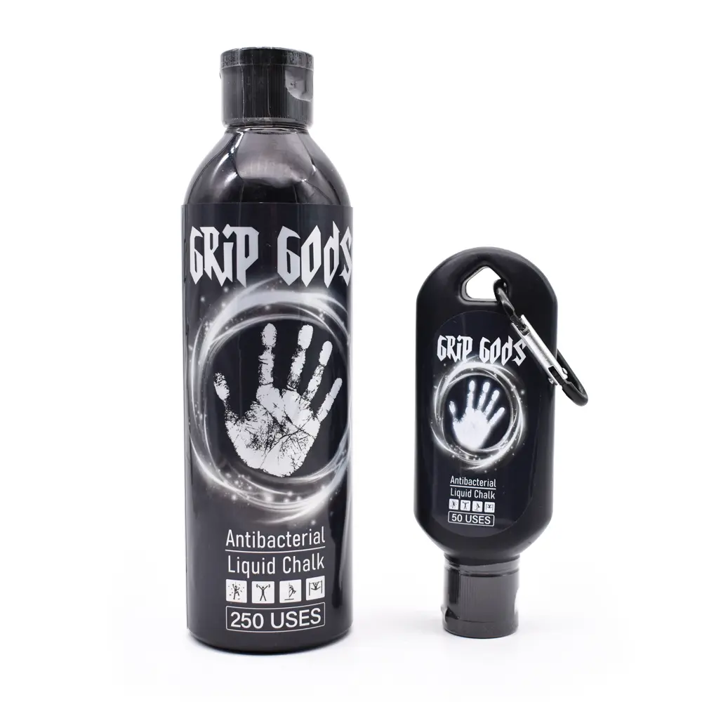 GRIP GODS Liquid Chalk Combo Travel Bottle (50ML) & Refill Bottle (250ML) for Weight Lifting, Gym, Rock Climbing, Pole Grip, Gymnastics, Sports, and Workout Chalk.