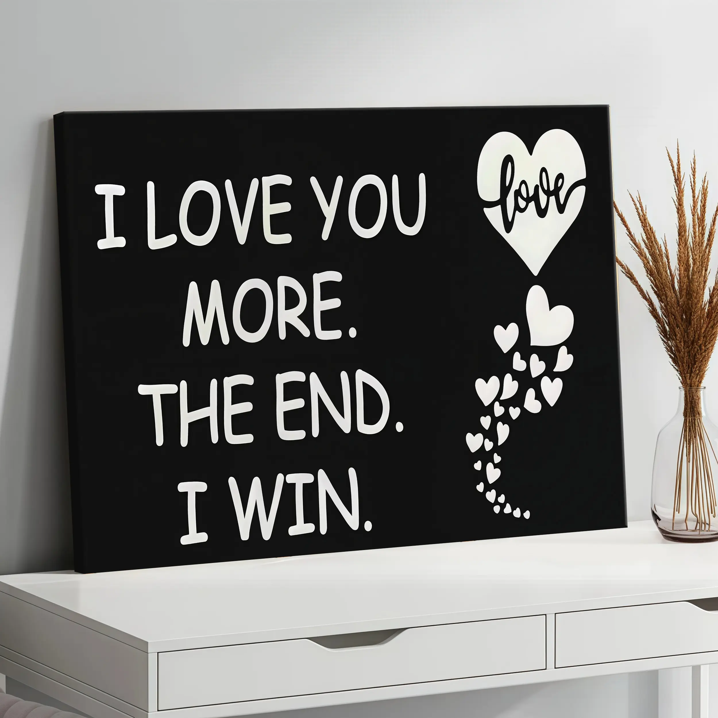 Waterproof Plaid Wood Wall Art Canvas Poster with Frames - Playful "I Love You More The End I Win" Couple Quote, Artistic Home Decor Decoration for Husband-Wife Anniversary Gift, Bedroom Wardrobe Accessory