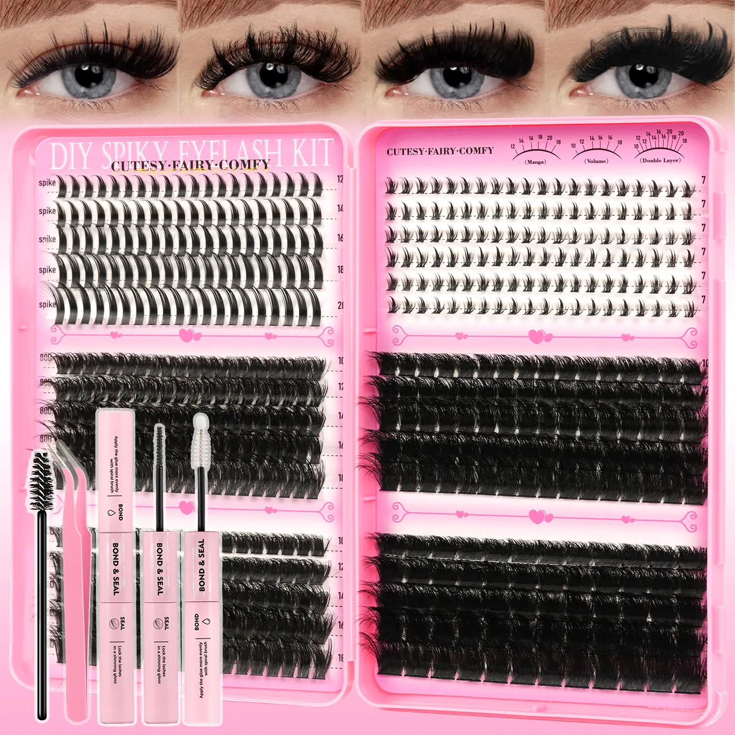6 Styles Lash Clusters Kit,1 Set Mixed Length Individval Eyelash Extensions Kit,Self Grafting False Eyelashes with Tweezers&Glue&Seal,Prefessional Eye Makeup Accessories for Women