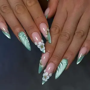 3D Cat Eye Mist Sea Star Shell French Flower Striped Detachable Nail Tips 30 Pieces, Almond Shape Nail Art for Stylish Manicure, Floral Motifs, Striped Design, French Tip Nails