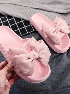 Women's Solid Color Bowknot Design Slides, Flat Slipper, Casual Comfortable Home Slippers, Non-slip Soft Slippers for Indoor & Outdoor Wear, Flipflop
