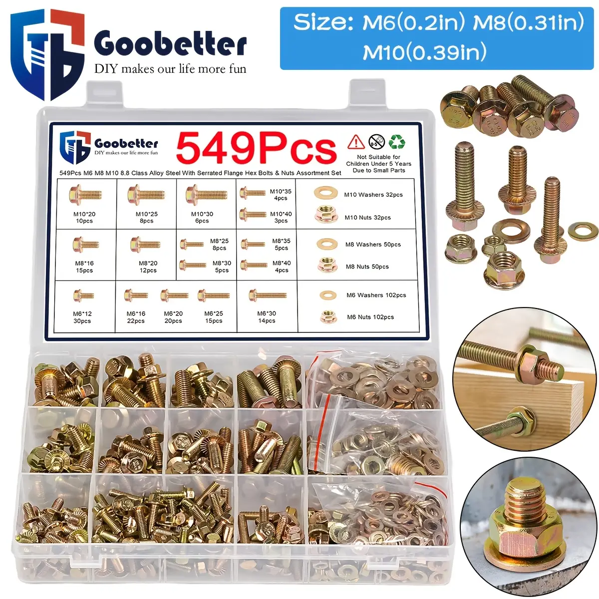 Class 8.8 Alloy Steel,Metric Flange Hex Bolts, Nuts &Washers Assortment Kit, M6 M8 M10 Sizes, 292pcs、549pcs