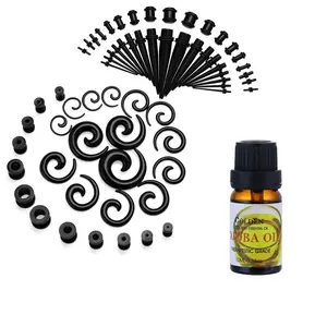 65pcs Ear Stretching Kit + Aftercare Jojoba Oil Tapers Plugs Silicone Tunnels Gauges Expander 14g-00g Set