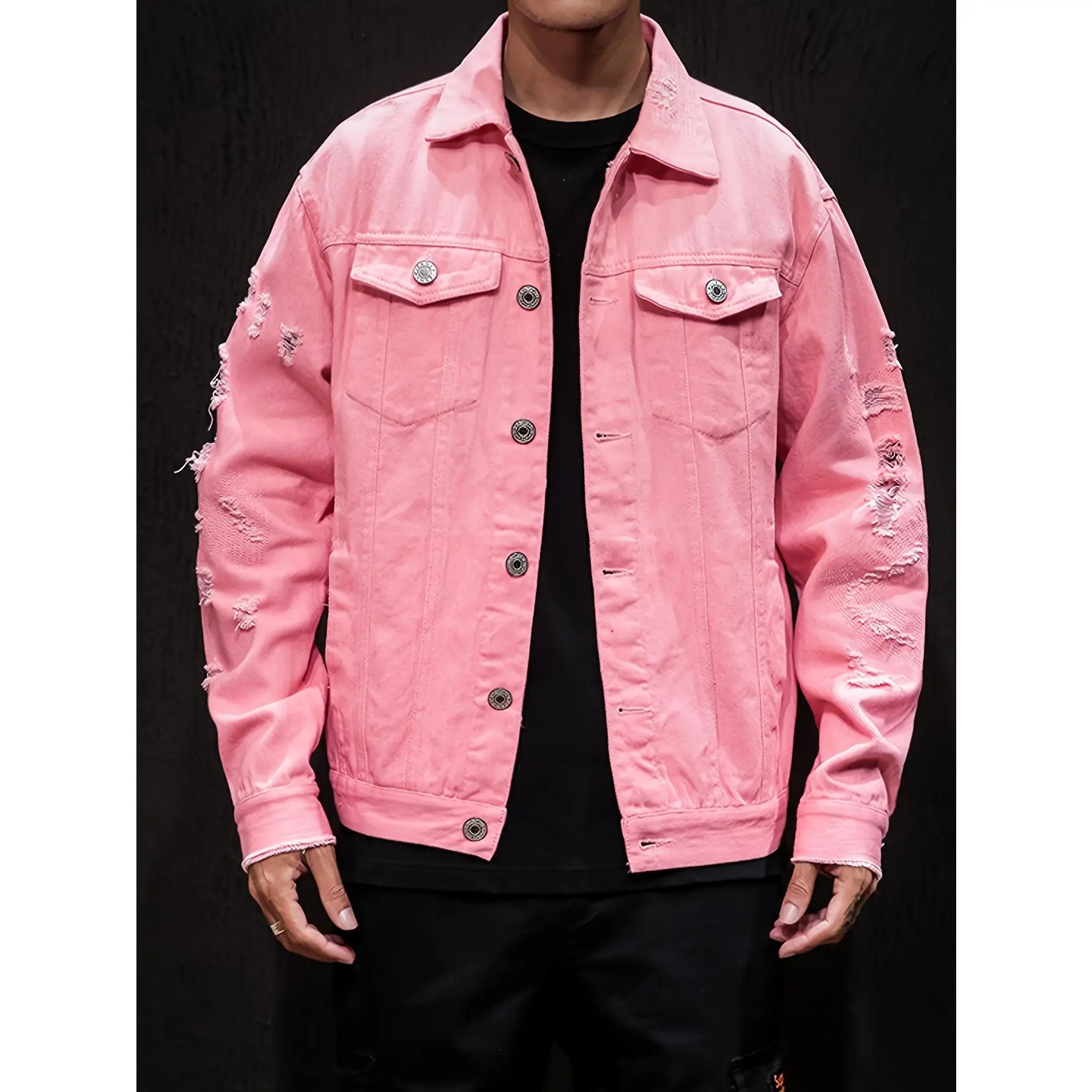 Men's Fashion Solid Color Ripped Jacket, with Chest Pocket, Casual Button Lapel Long Sleeve Coat, Suitable for Outdoor Menswear Tops Pink Beige