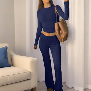 suchcute Women's 2-Piece Spandex Blend Sportswear Set - Navy Blue Long Sleeve Shirt, Low Waist Bell-Bottom Pants - Comfortable, Versatile for Spring, Autumn - Multiple Sizes, Spring Outfits