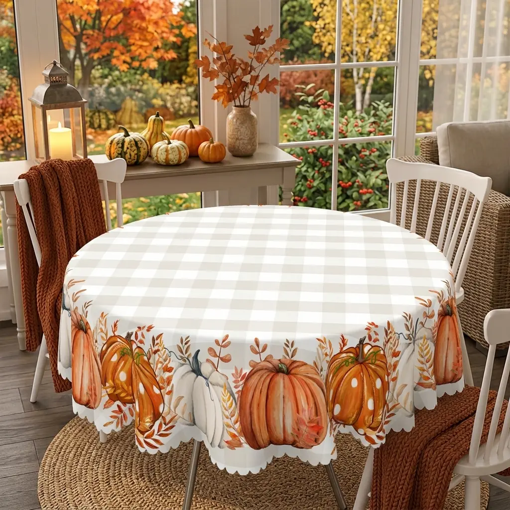 Fall Pumpkin Tablecloth, Autumn Farmhouse Checkered Table Cover for Dining Table, Kitchen, Thanksgiving and Harvest Decor