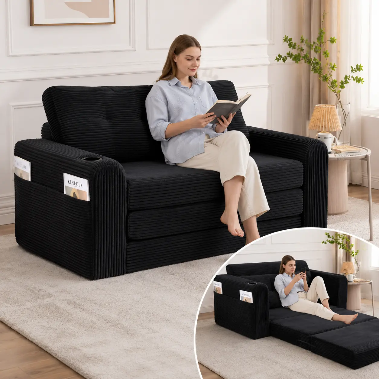 2-in-1 Retro Boneless Corduroy Sofa Bed with Pre-Filled Pillows, Expandable Double Fold-Out Floor Couch, Space-Saving Indoor Living Room Furniture, Boneless Couches