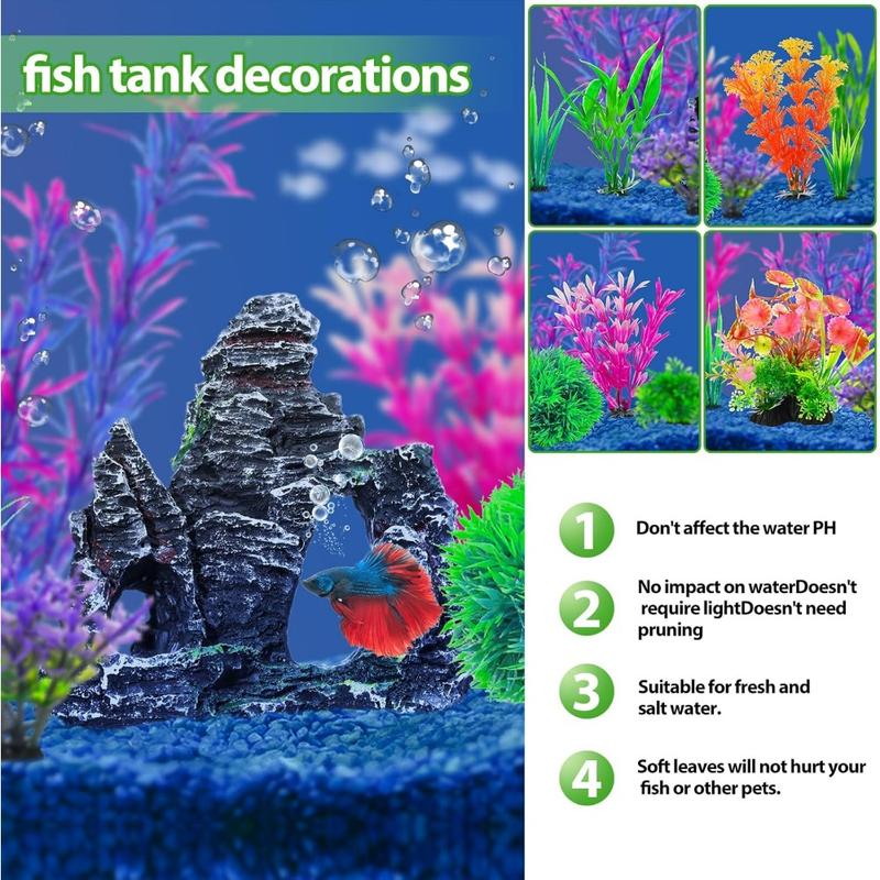 13 Aquarium Plants Cave Rock Decor Set& Fish Tank Artificial PlasticPlants,Fish Tank Accessories Small Large Aquarium Decorations Kit