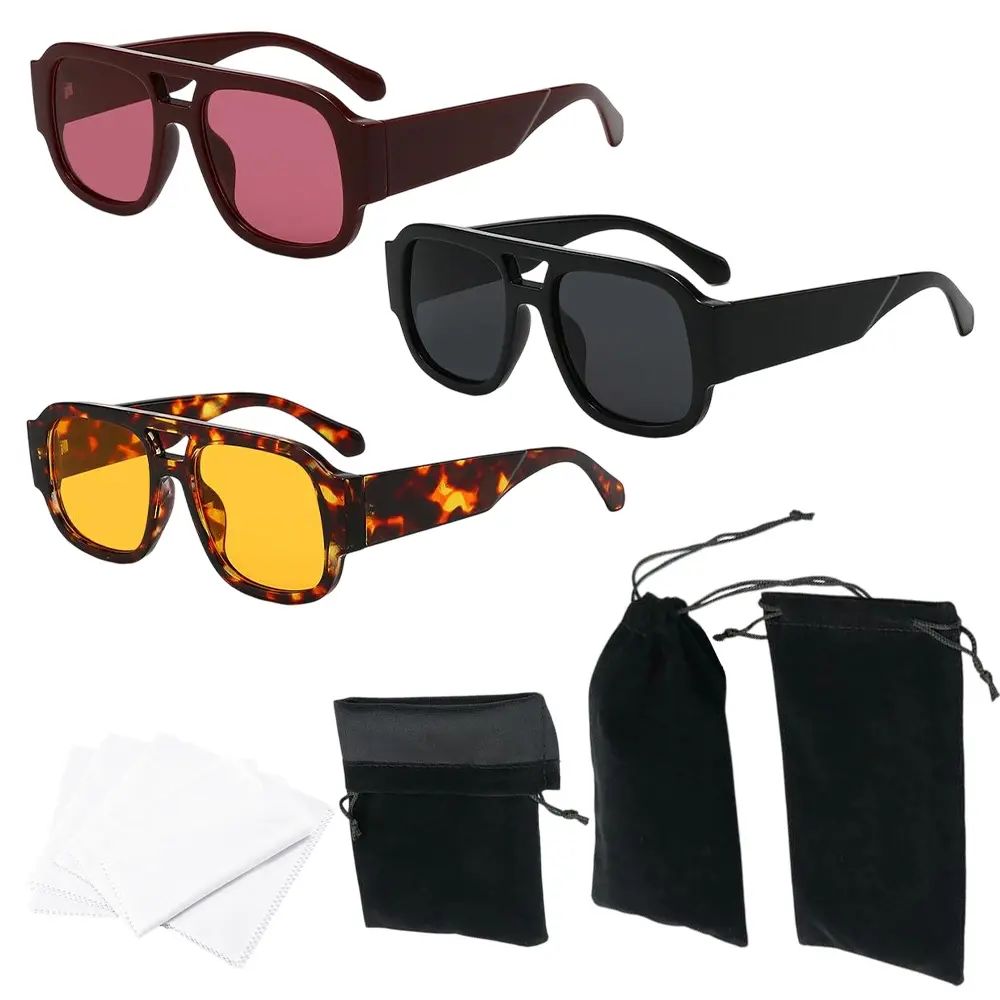 3 Packs Oversized Square Aviator Sunglasses for Women Men, Including 3Pcs Storage Bags & 3Pcs Cleaning Cloth, Retro 70s Glasses Chunky Sun Shades Cute