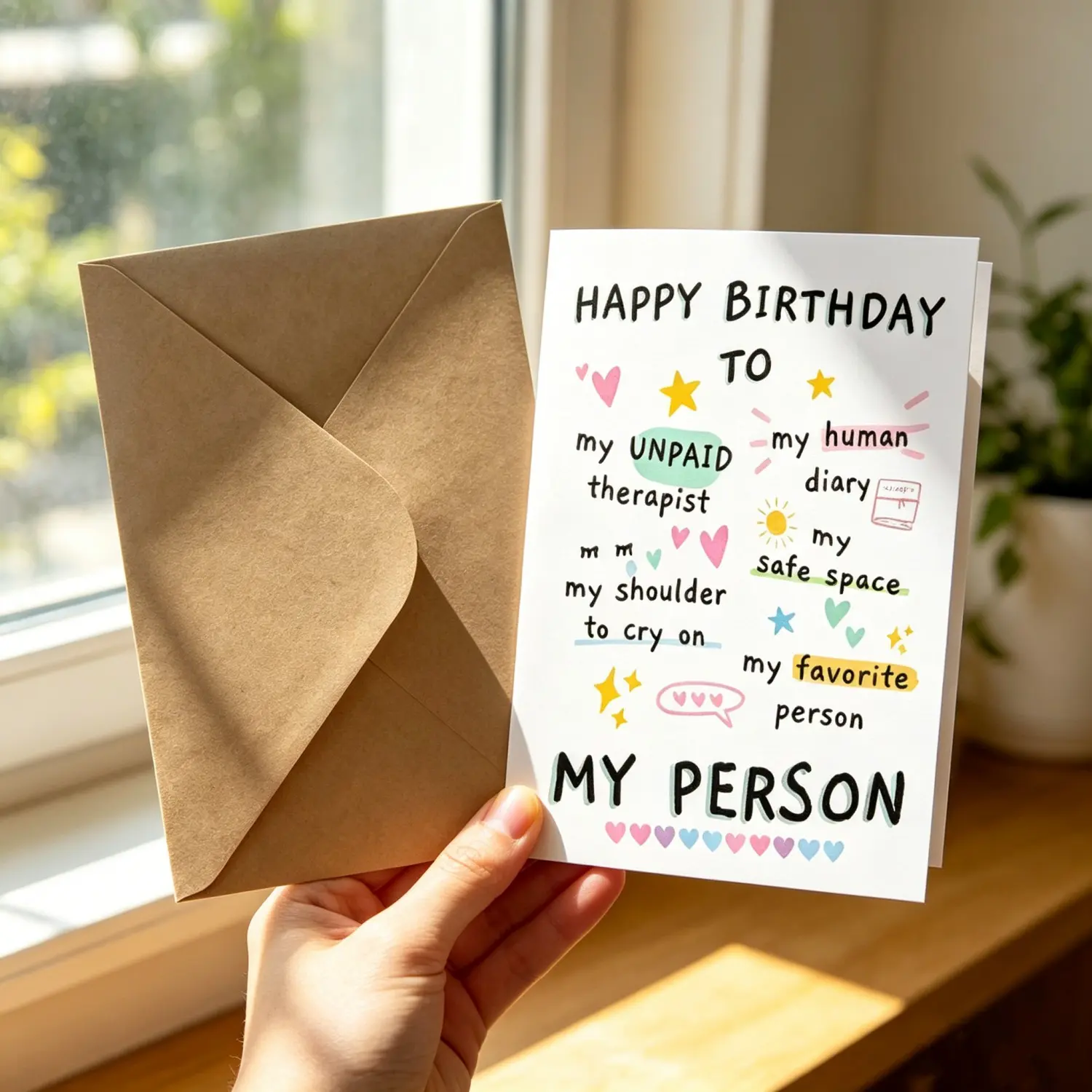 1pc  Funny Birthday Card for Her, Cute Best Friend Birthday Card, Happy Birthday to My Person, Handmade Card for Sister, Cousin, Girlfriend, BFF, Birthday Card with Illustrations, Greeting Cards